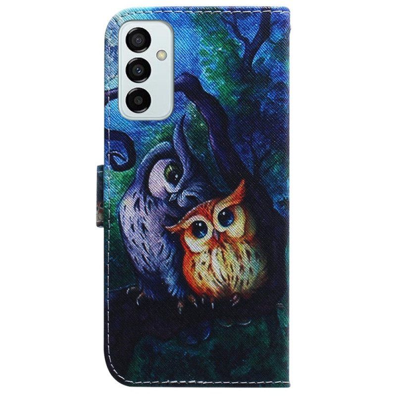 Folio Deksel Til Samsung Galaxy M13 Med Kjede Strappy Owls Maleri