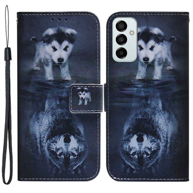 Folio Deksel Til Samsung Galaxy M13 Med Kjede Strappy Puppy Dream