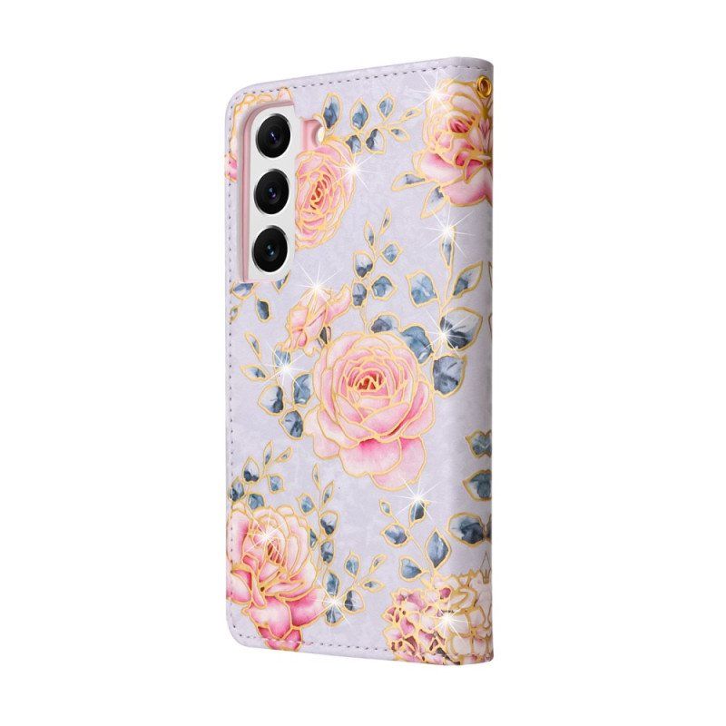 Folio Deksel Til Samsung Galaxy S23 5G Rfid-blomster Med Snor