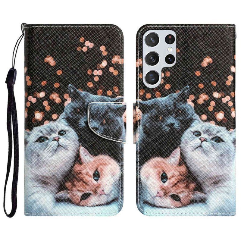 Folio Deksel Til Samsung Galaxy S23 Ultra 5G Med Kjede Bare Thong Cats