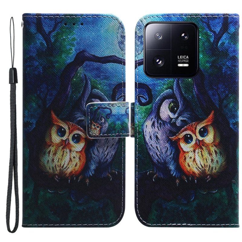 Folio Deksel Til Xiaomi 13 Pro Med Kjede Strappy Owls Maleri