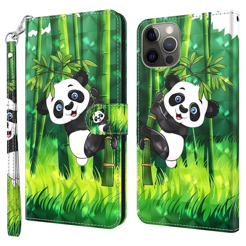 Lærdeksel Til iPhone 15 Pro Med Kjede 3d Bamboo Panda Med Stropp