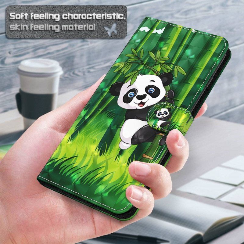 Lærdeksel Til Moto G73 5G Med Kjede Panda Og Bambus Med Snor