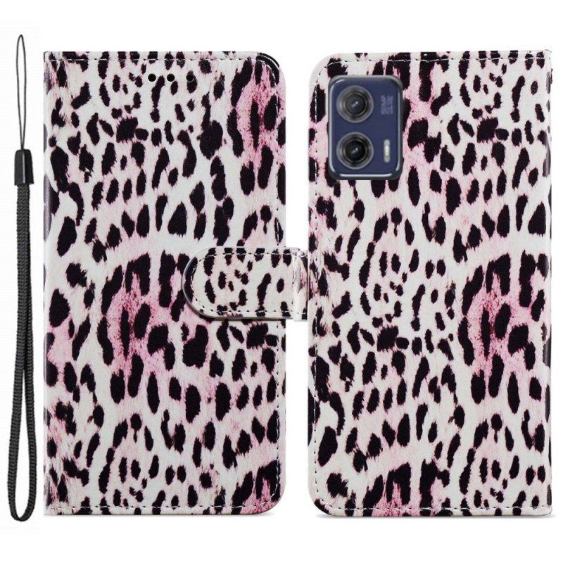 Lærdeksel Til Moto G73 5G Med Kjede Strappy Leopard Style